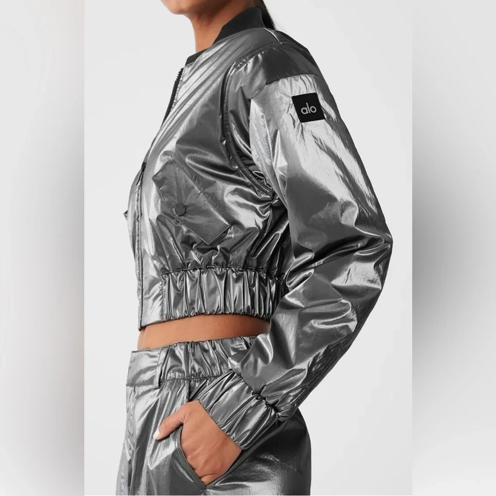 Retired Alo Yoga Metallic Cropped Break Line Bomber Jacket XS Silver Chrome NWT